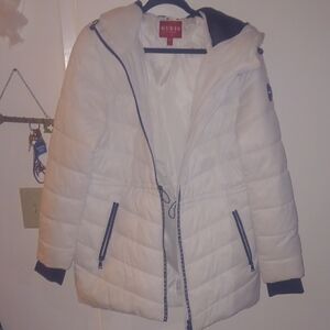 GUESS Women's Ivory Puffer Coat with Black Accents